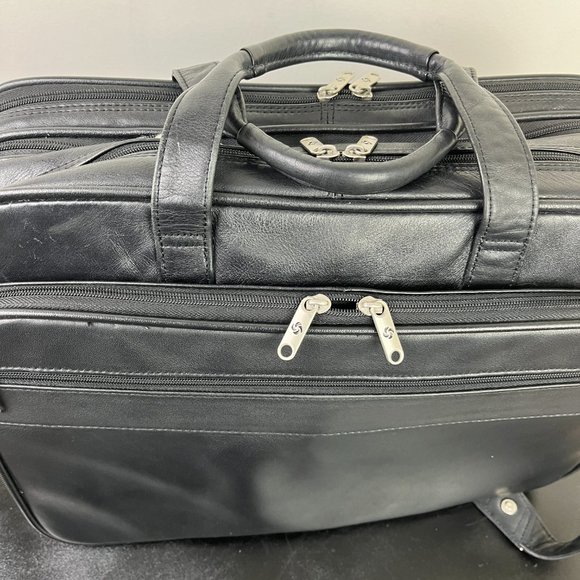 Samsonite Black Leather Laptop Portfolio Messenger Expanadble Bag - Picture 2 of 10